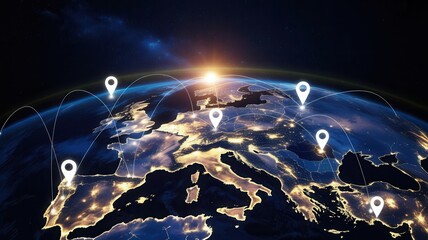 Global business connections across Europe with location pins and sunrise