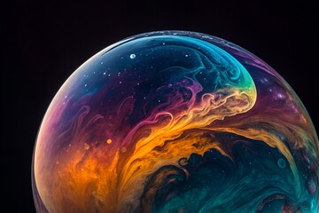 Abstract colorful swirls inside a translucent sphere against black background