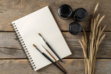 Artist s workspace with sketchbook brushes ink and dried wheat stalks