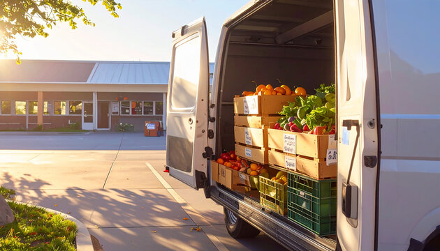 Food Bank Van Unloading Produce – Community Center Scene in Morning Wide-Angle Light	