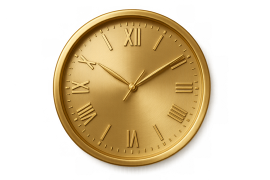 Golden clock face with roman numerals, transparent background