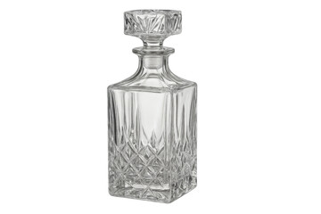 Crystal glass decanter with stopper on transparent background