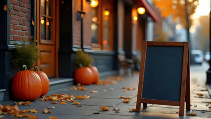 Mockup of blank chalkboard menu sign on city sidewalk, pumpkins, autumn leaves, front of restaurant background - seasonal menu, special offer, business advertising, promotion, template, display, space