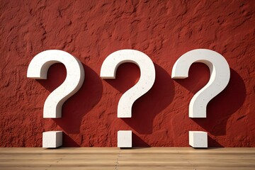 Three large white question marks on a textured red wall