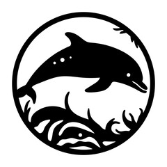 Elegant Black and White Silhouette Depicting Dolphins in Underwater Scene within Circle © SUMON