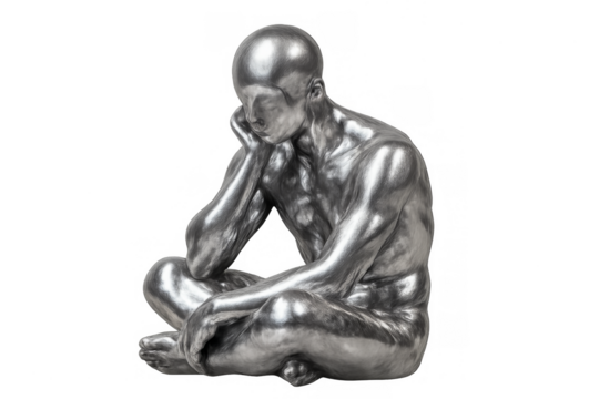 Silver thinking man statue contemplating idea on transparent background