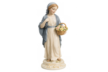 Religious female figurine holding basket with roses