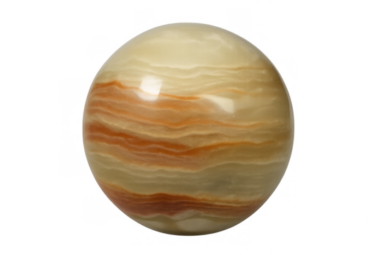 Polished onyx sphere resembling gas giant planet on transparent background