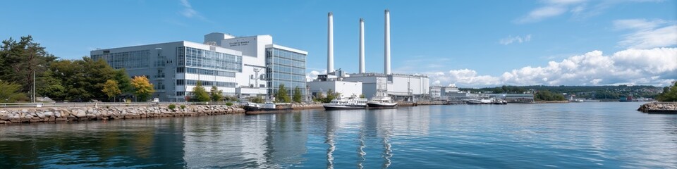Industrial buildings and boats line a calm river with smokestacks under a clear blue sky. Waterfront factory for energy production.