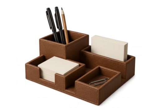 Leather desk organizer holding office supplies