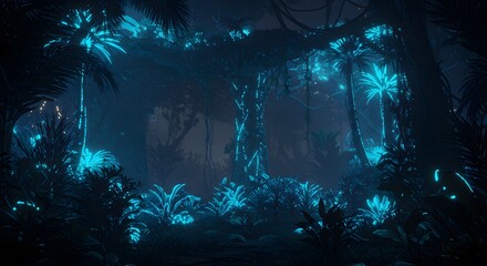 Ethereal Bioluminescent Jungle at Night, Glowing Flora and Mystical Atmosphere