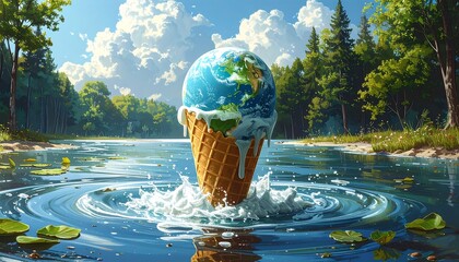 Earth as an Ice Cream Cone in Water with Trees and Sunny Sky