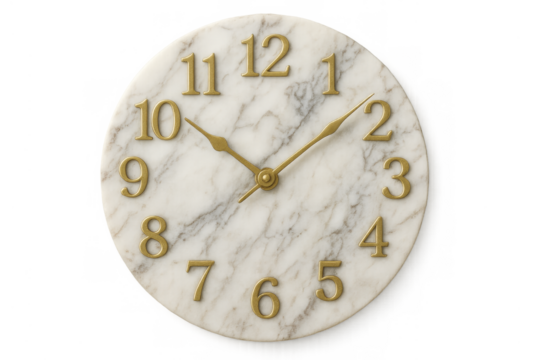 White marble clock face with gold numbers