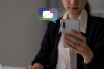 Professional woman views email notifications smartphone work communication digital lifestyle