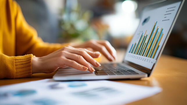 Businesswoman carefully analyzing detailed report on laptop while discussing company growth strategies and expansion with team members in meeting business analysis discussion