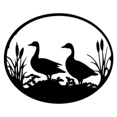 Silhouette of Two Ducks Amongst the Reeds in an Oval Frame