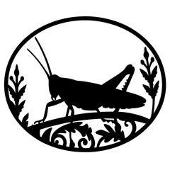 Silhouette illustration of a grasshopper perched on foliage within an oval frame