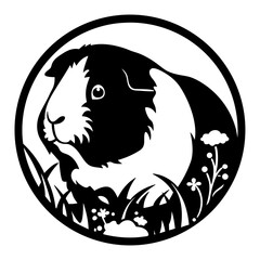 A striking black and white Guinea pig illustration in circular floral design