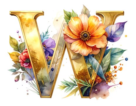 Golden Letter W with Watercolor Floral Accents for Elegant Designs.