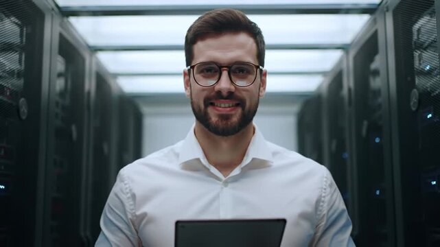 Smiling Technician with Tablet in Server Room with Array of Data Storage