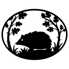 Silhouette of a hedgehog in a forest scene within an oval frame