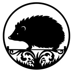 Silhouette of a hedgehog in nature, artistic illustration in a circle