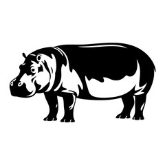 Solid Black and White Silhouette Illustration of a Hippopotamus Standing Calmly