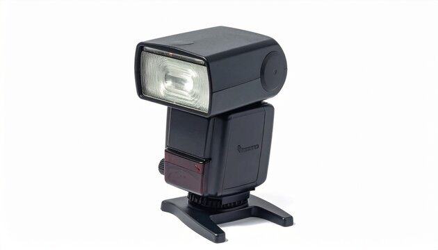 Camera flash unit (speedlight) with rectangular translucent flash head mounted on small stand, compact body with controls and power source, placed on flat surface for off-camera lighting in photograph