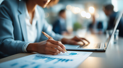 Businesswoman carefully analyzing detailed report on laptop while discussing company growth strategies and expansion with team members in meeting business analysis discussion