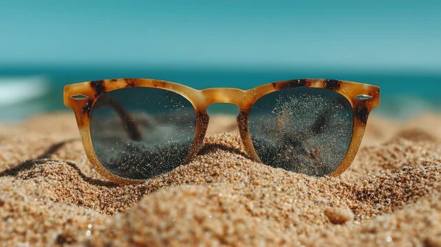 Tortoiseshell sunglasses resting in the sand on a sunny beach, with the blue ocean in the background.