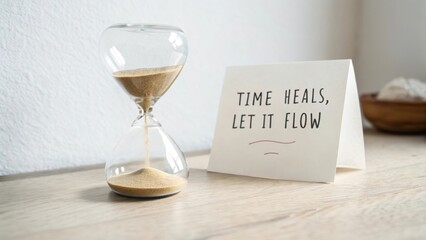 Hourglass with sand flowing on a wooden surface
