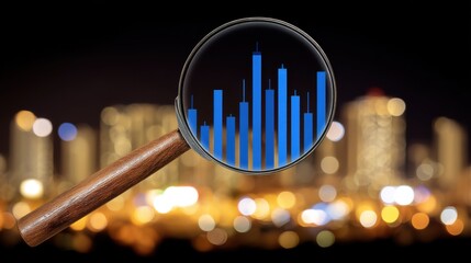 Data analysis trends urban cityscape infographic visuals nighttime setting high angle view business intelligence insights