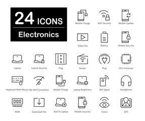 These are 24 beautiful small, pixel perfect electronics interface vector icons.
