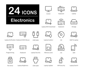 These are 24 beautiful small, pixel perfect electronics interface vector icons.