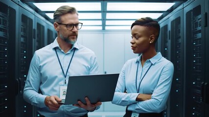 Two Computer Engineers with Laptop in Server Room Checking Equipment - Powered by Adobe