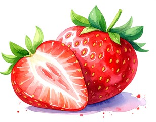 Watercolor Strawberries - Fresh Fruit Illustration with Slice.
