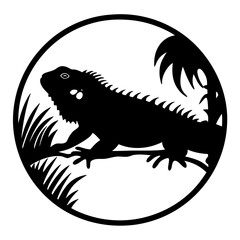 Silhouette of a green iguana on a branch within a circular frame