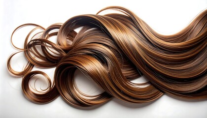 Close-up of glossy, flowing brown hair, studio shot on a white background