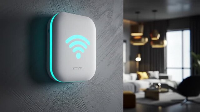 White Wifi Extender on Textured Gray Wall Near Modern Living Room
