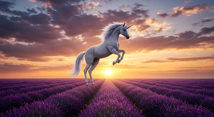 Handdoek met foto Meisjeskamer A majestic unicorn leaps through a field of purple flowers at sunset, showcasing magic and fantasy.  © noz-stock