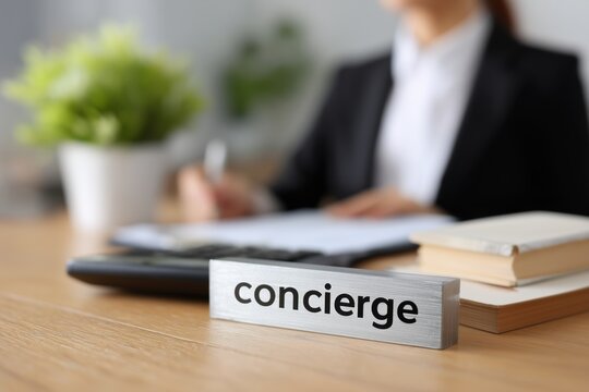 Woman filling out document at desk with concierge nameplate, symbolizing hotel service and customer assistance.