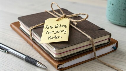 Stack of Diaries Tied With Rope and Handwritten Tag