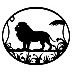 Lion in Silhouette Surrounded by Foliage, Enclosed in a Circular Frame