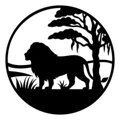 Silhouette of a Majestic Lion in African Savanna Circle Design © SUMON