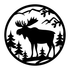 Silhouette of a Moose in a Forest, Circular Design Element