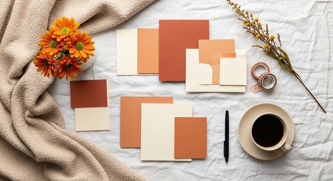 Cozy Autumn Stationery Flat Lay with Flowers and Coffee