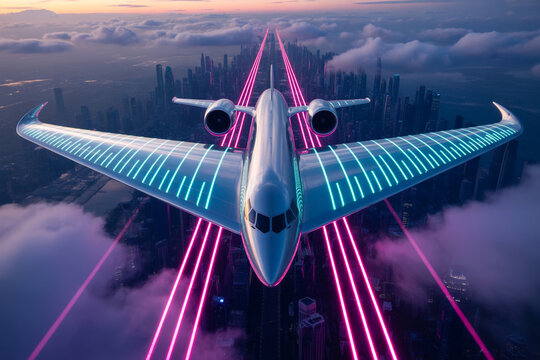 Soaring high above the futuristic cityscape, a stunning private jet cuts through the clouds with sleek neon accents, conveying speed and luxury for high-end travel concepts - Powered by Adobe
