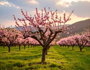 Orchard of pink blossoming trees at sunset