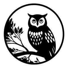 Stylized owl perched on a tree branch within a circular frame design