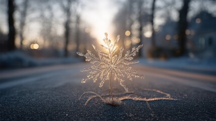 Delicate Snowflake Glitters in Winter Sunset with Frosty Background